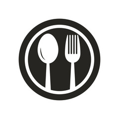 Spoon and fork on plate logo black and white, Spoon and fork vector icon, cafe restaraunt  logo, web icon