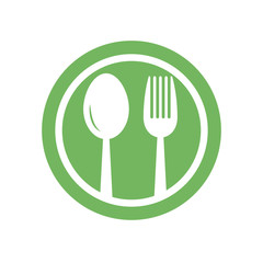 Spoon and knife icons. Cutlery symbol. Green circle button with flat web icon. Vector