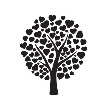 Love tree with hearts shaped leaf on white background. Nature. Beautiful vector monochrome silhouette illustration.