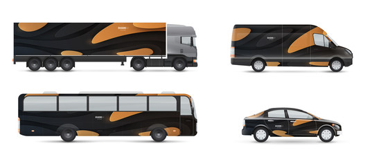 Design branding vehicles for advertising and corporate identity. Mock up for transport. Passenger car, bus and van. Vector graphics elements in modern paper style.
