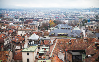 Fototapeta na wymiar Geneva, Switzerland. Cityscape old roofs
