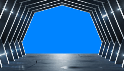 Huge blueish hall spaceship interior isolated 3D rendering