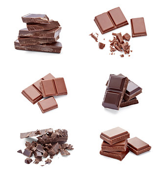 collection pf various chocolate pieces on white background