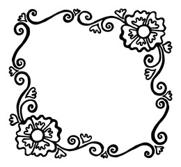 square painted black and white vector frame with flowers and swirls