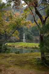 Japanese shrine in garden surrounded by water