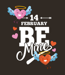 14 february be mine card love hearts with wings cartoon dark background vector illustration