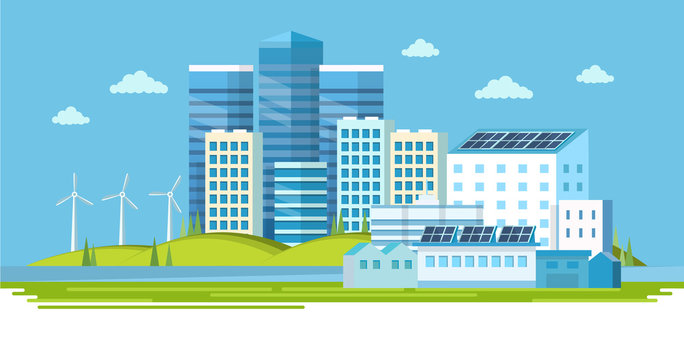 Modern ecological factory with solar panels and wind energy. City landscape, ecological concept. Vector illustration in flat style, design template