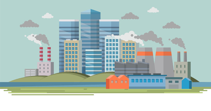 Old factory with smoke and pollution. City landscape, ecological concept. Vector illustration in flat style, design template