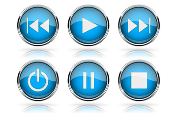 Media buttons. Blue round glass buttons with chrome frame
