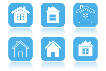 Home icons. Set of square blue icons with reflection