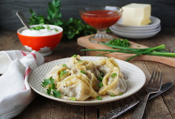 Manti with meat on a plate. Traditional Asian dish