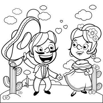 Mexican mariachi man and woman in the desert. Vector black and white coloring page.