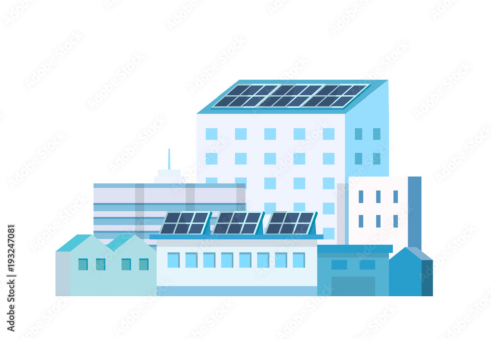 Wall mural ecological factory plant - green energy, solar panels power plant. vector illustration in flat style