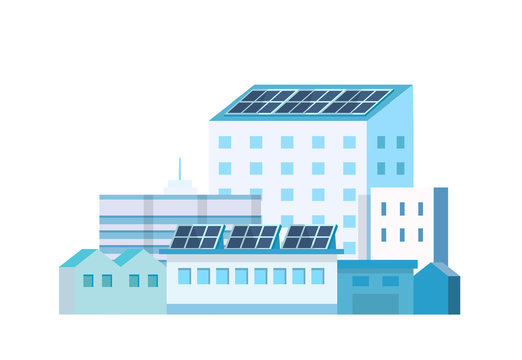 Ecological factory plant - green energy, solar panels power plant. Vector illustration in flat style, design template