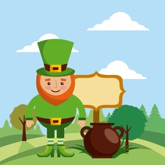 leprechaun with cauldron board and landscape vector illustration