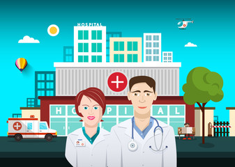 Doctors with Hospital Building on Background. Vector.