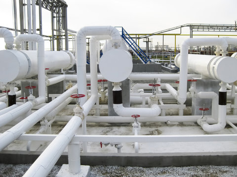 Heat exchangers in a refinery. The equipment for oil refining