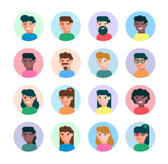 People avatars collection, different male and female characters in flat style. Vector illustration, isolated on white background, design template