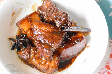 Moo Hong, stewed pork with brown sauce or sweet gravy soy sauce, local food in Phuket in Chinese style, Thailand