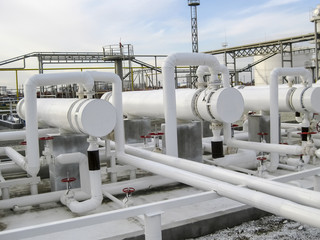 Heat exchangers in a refinery. The equipment for oil refining