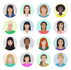Woman icon - collection of circular profile illustrations in flat style of different women. Design template