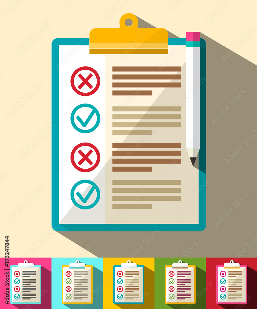 Aufkleber paper document with checkmarks, pencil and text. vector icons set.