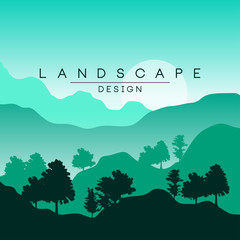Beautiful peaceful mountain landscape with forest, nature background in green colors for banner, flyer, poster and cover, vector ilustration