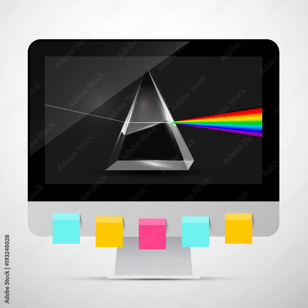 Poster personal computer with prism on screen and colorful paper sheets on monitor. vector creativity symbo