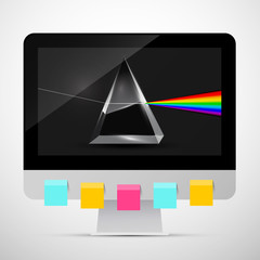 Personal Computer with Prism on Screen and Colorful Paper Sheets on Monitor. Vector Creativity Symbol.