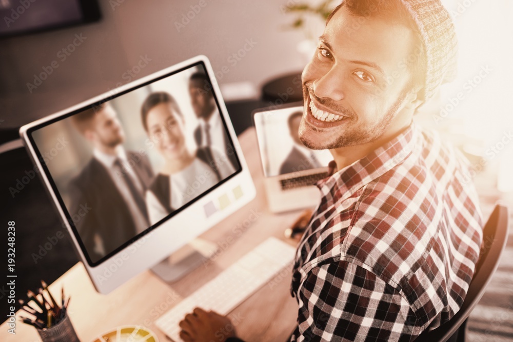 Poster composite image of portrait of man smiling while sitting by
