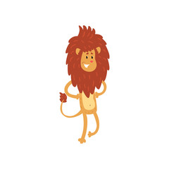 Cute smiling lion cartoon character standing on two legs vector Illustration on a white background