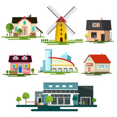 Vector Flat Design Buildings. Family House, Windmill and Modern Building Isolated on White Background.