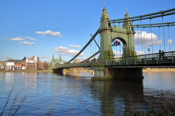 Hammersmith Bridge over the river Thames in the borough of Hammersmith and Fulham, London, UK