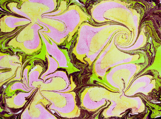 Abstract yellow, pink and brown flowers pattern. Paper marbling in traditional turkish art style - ebru. Colorful art background texture. Handmade marble effect. Abstract flowers.