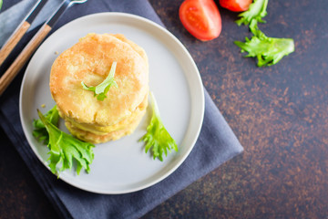 Mashed Potato Cheese Pancakes on a stone background. Copy Space