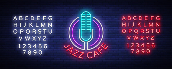 Jazz cafe is a neon sign. Symbol, neon-style logo, bright night banner, luminous advertising on Jazz music for Jazz cafe, restaurant, bar, party, concert. Vector illustration. Editing text neon sign © Ivan