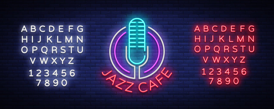 Jazz cafe is a neon sign. Symbol, neon-style logo, bright night banner, luminous advertising on Jazz music for Jazz cafe, restaurant, bar, party, concert. Vector illustration. Editing text neon sign