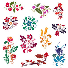 Set of vector floral decorative ukrainian ornaments element. Petrykivka style painting. Ethnic traditional design.