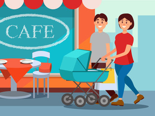 Happy family walking in city center. Young mother pushing baby carriage, father carrying shopping bags. Cafe facade on background. Cartoon people. Flat vector design