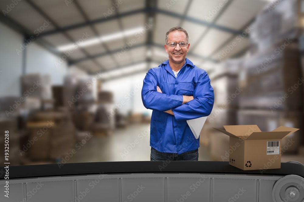 Poster composite 3d image of smiling warehouse manager standing with