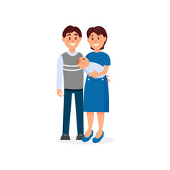 Happy husband and wife embracing their newborn baby. Young family couple. Parenthood concept. Cartoon people characters. Happy parents. Colorful flat vector design