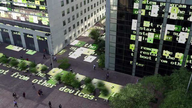 paris business district timelapse with data and computer programming information mapped ontp the building facades