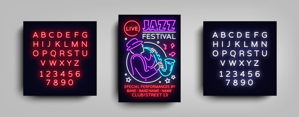 Jazz Festival Poster Neon. Neon sign, Neon style brochure, Design invitation template, Light Banner, Nightly advertisement festival, party, concert. Vector illustration. Editing text neon sign