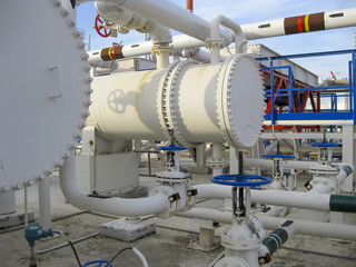 Heat exchangers in a refinery. Heated gasoline air cooler. The e
