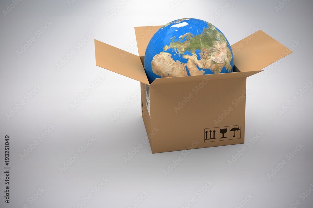 Poster composite image of 3d image of globe in brown cardboard box