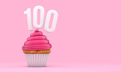 Number 100 pink birthday celebration cupcake. 3D Rendering