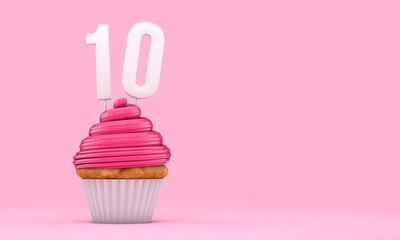 Number 10 pink birthday celebration cupcake. 3D Rendering