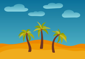 Fototapeta na wymiar Cartoon nature landscape with three palms in the desert. Vector illustration. 