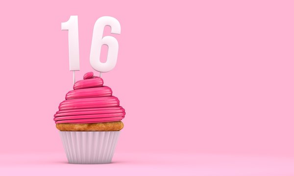 Number 16 pink birthday celebration cupcake. 3D Rendering