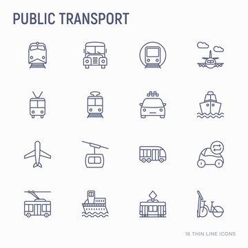 Public transport thin line icons set: train, bus, taxi, ship, ferry, trolleybus, tram, car sharing. Front and side view. Modern vector illustration.